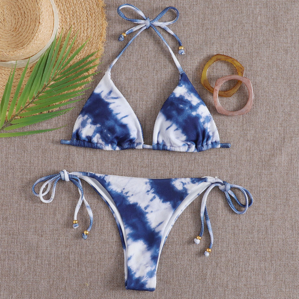 

Tie Dye Triangle Tie Side Bikini Swimsuit, Blue and white
