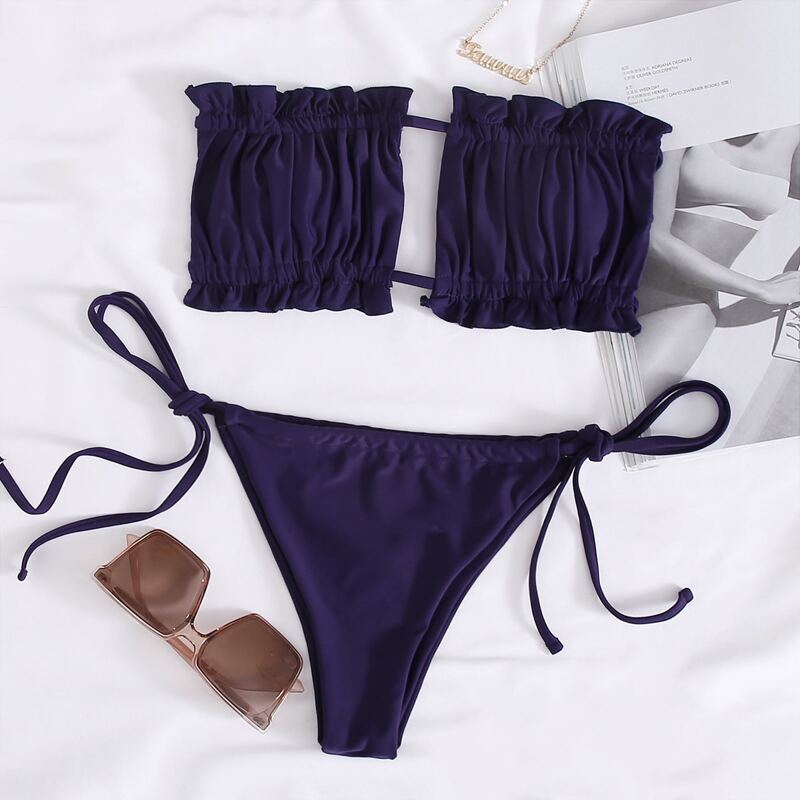 

Ruched Bust Bandeau Tie Side Bikini Swimsuit, Navy blue