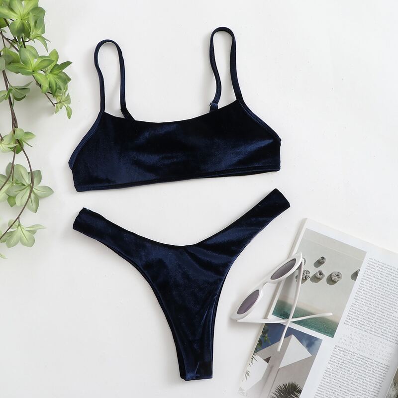 

Velvet High Cut Bikini Swimsuit, Navy blue
