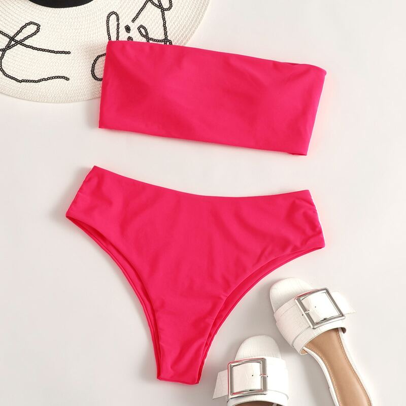 

Bandeau High Waisted Bikini Swimsuit, Bright watermelon pink