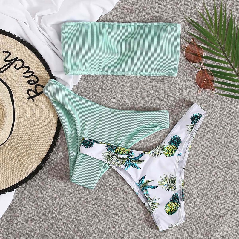 

3pack Pineapple Print Rib Bandeau Bikini Swimsuit, Multicolor
