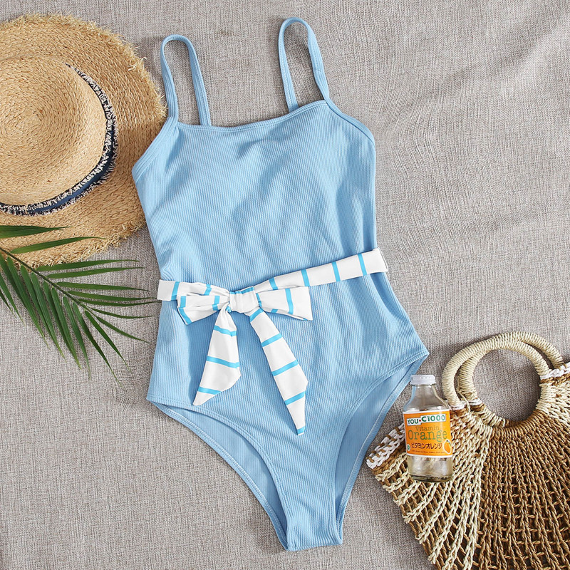 

Ribbed Belted One Piece Swimsuit, Pastel baby blue