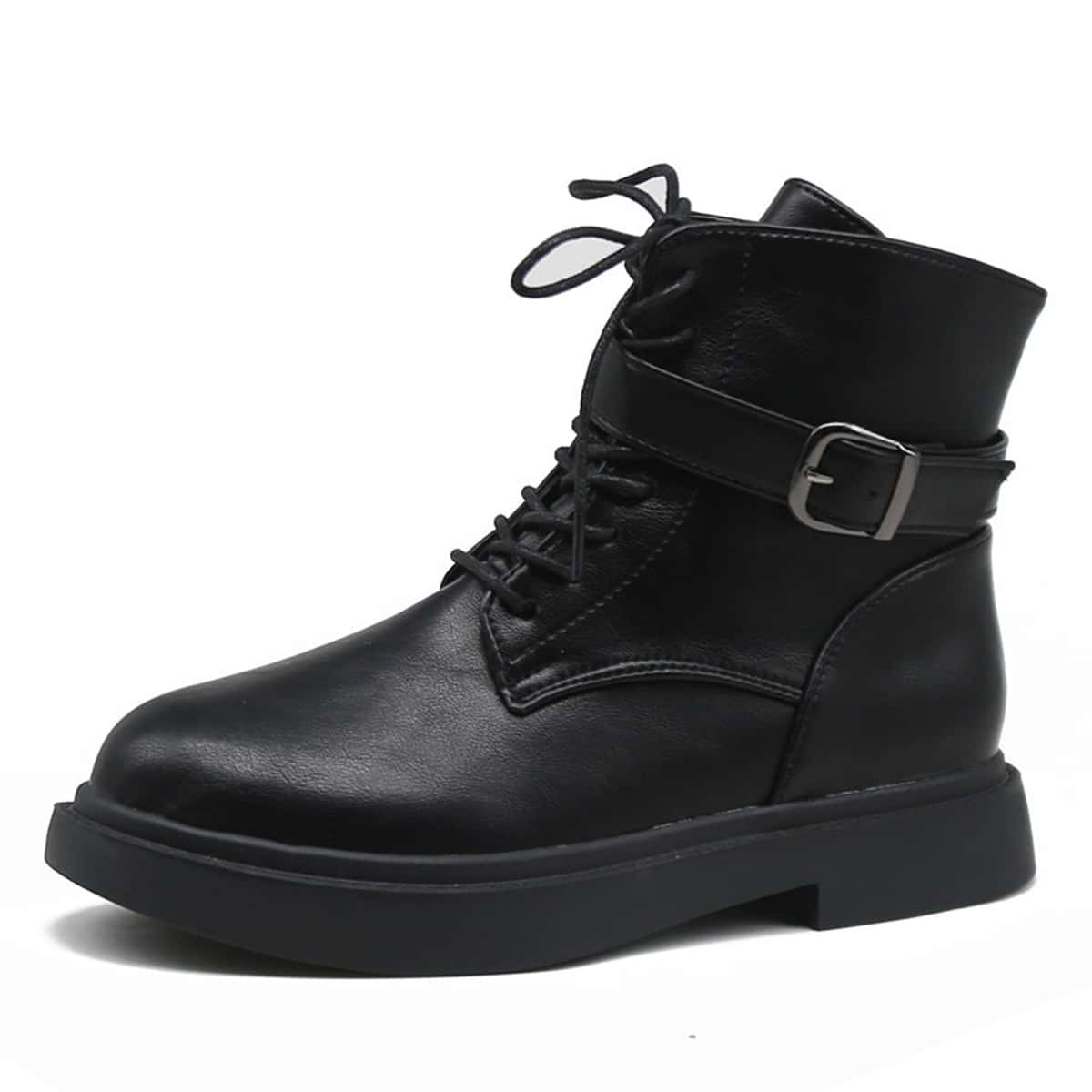 

Buckle Lace-up Combat Boots, Black