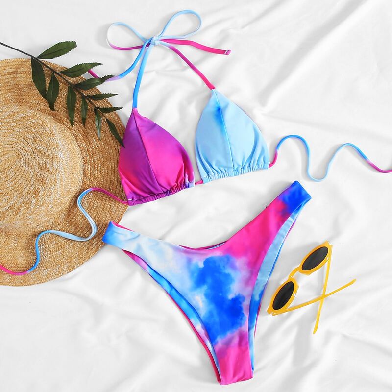 

Tie-Dye Wash Triangle Self-Tie Bikini Swimsuit, Multicolor