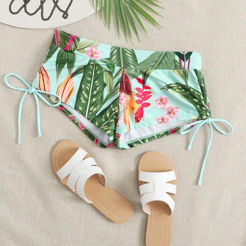 

Tropical Drawstring Side Bikini Shorts, Green