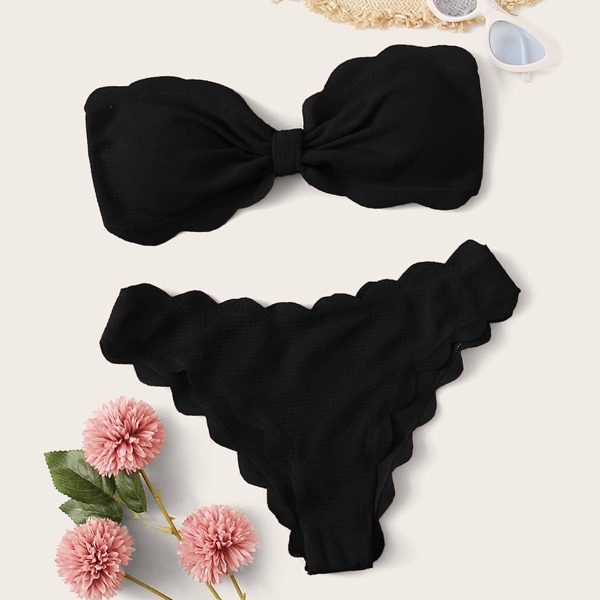 

Scallop Trim Knot Bandeau Bikini Swimsuit, Black