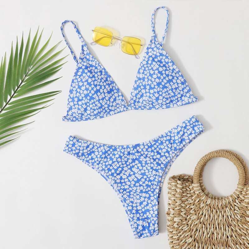 

Ditsy Floral Triangle Bikini Swimsuit, Pastel baby blue