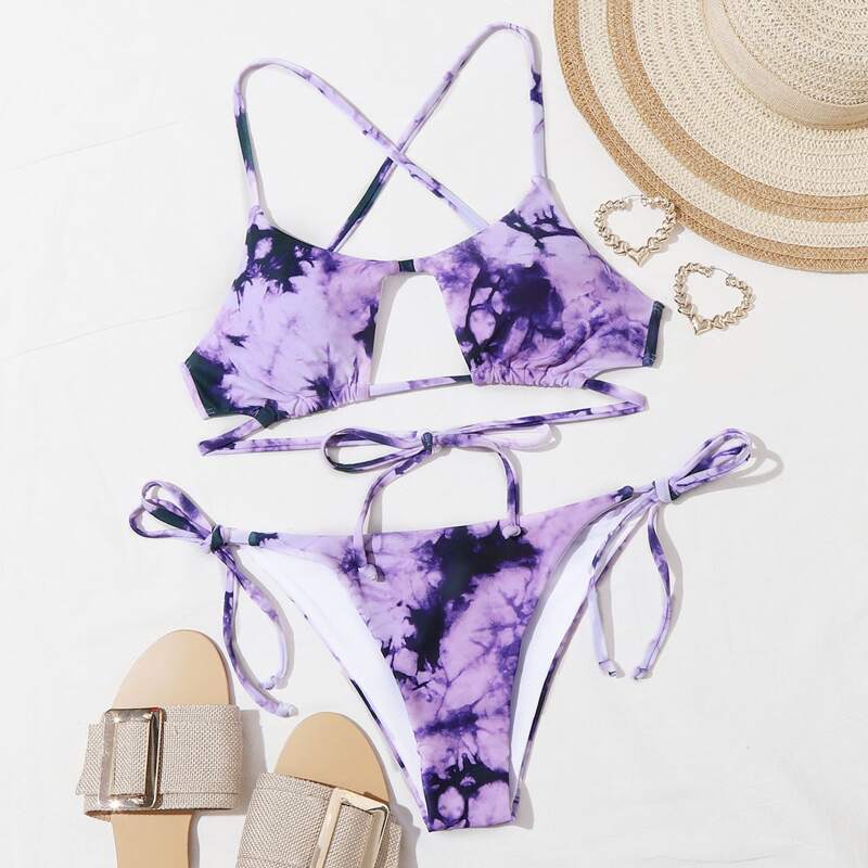 

Tie Dye Cut-out Front Tie Side Bikini Swimsuit, Multicolor