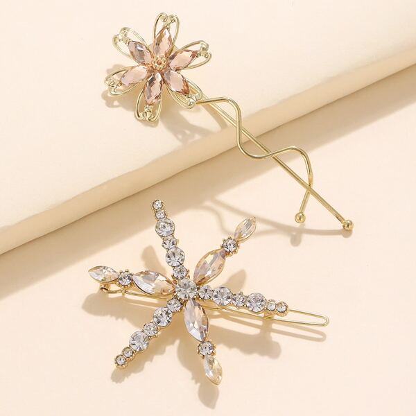 

2pcs Rhinestone Decor Flower Decor Hair Clip, Champagne