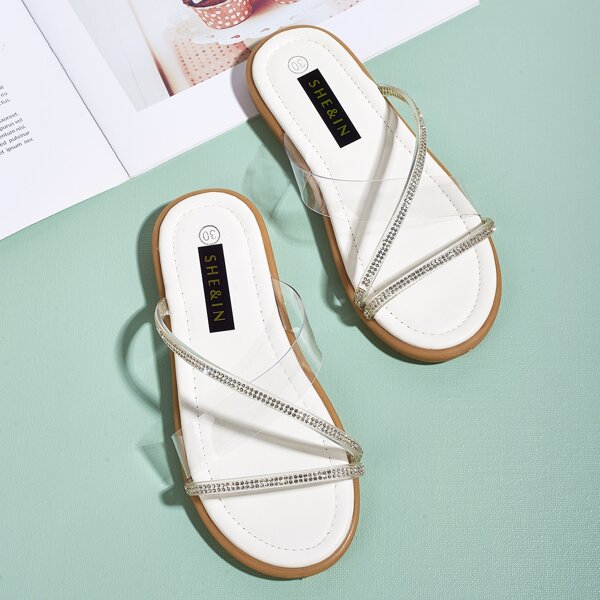 

Toddler Girls Rhinestone Decor Clear Slides, White
