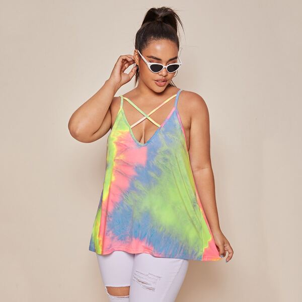 

Plus Tie Dye Criss Cross Front Cami Top, Multicolor