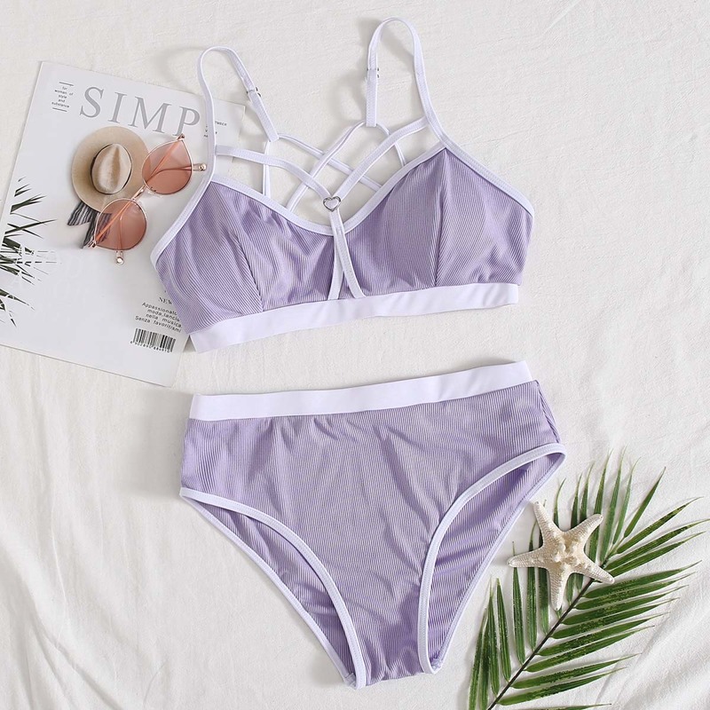 

Rib Contrast Binding Bikini Swimsuit, Pastel mauve purple