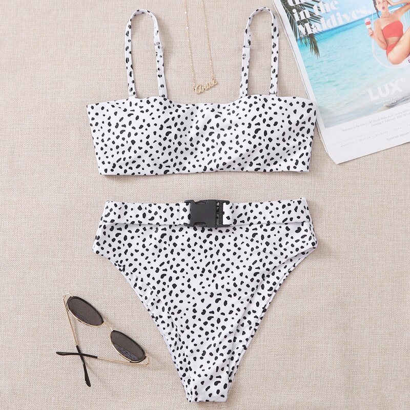 

Dalmatian Print Release Buckle High Waisted Bikini Swimsuit, Black and white