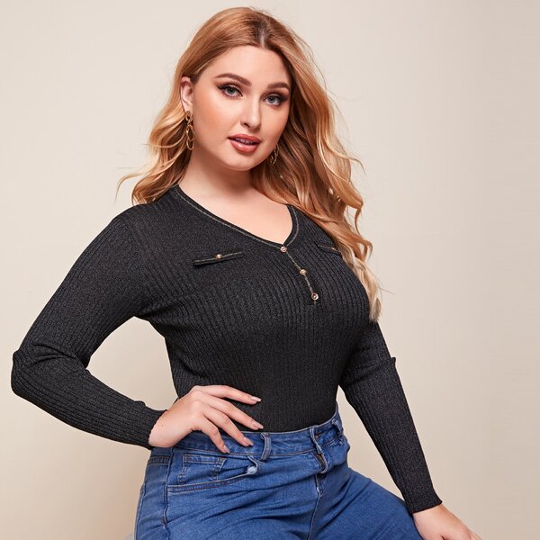 

Plus Glitter Button Front V-neck Sweater, Black