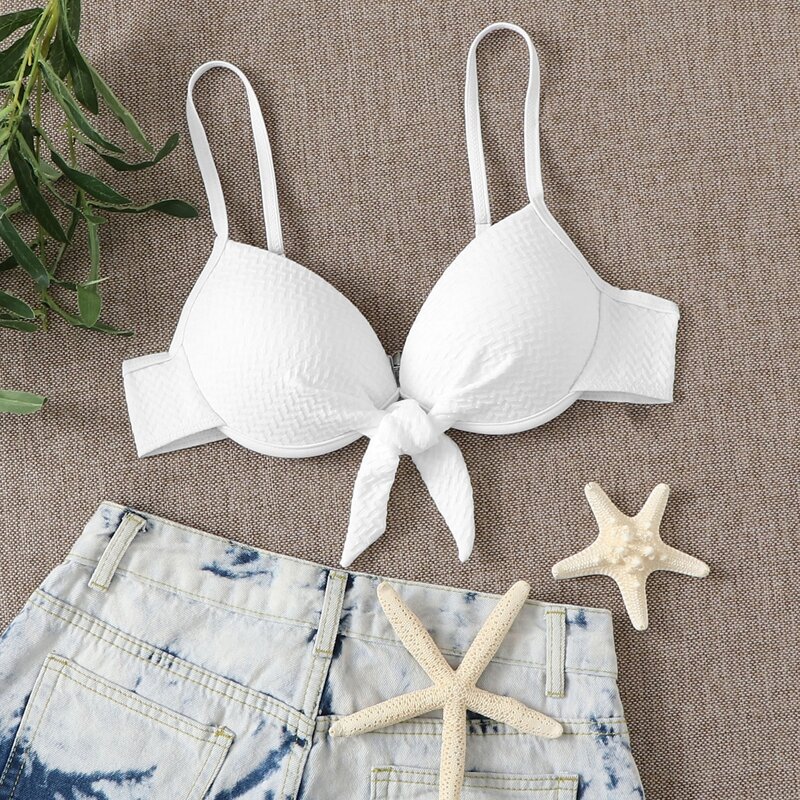 

Textured Knot Front Push Up Bikini Top, White