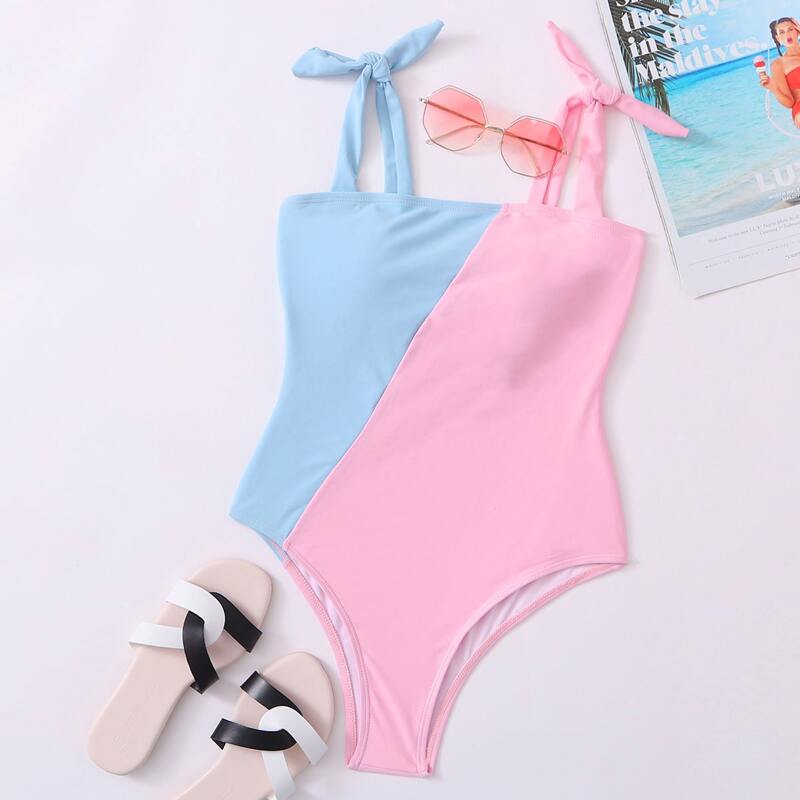 

Two Tone Self Tie One Piece Swimsuit, Multicolor
