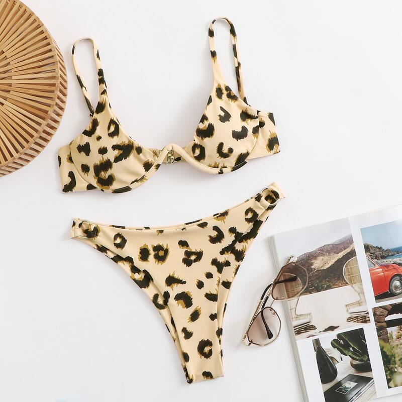 

Leopard Print Underwire High Cut Bikini Swimsuit, Apricot