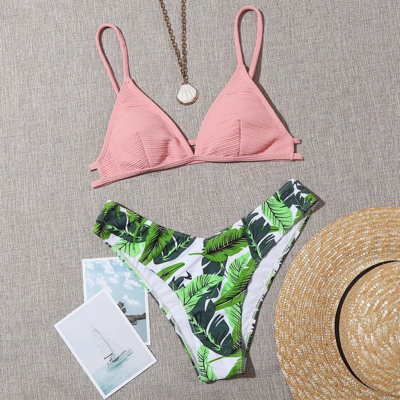 

Palm Print Triangle High Cut Bikini Swimsuit, Multicolor
