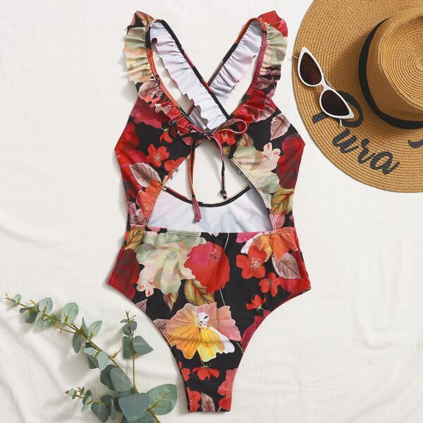 

Floral Criss Cross Ruffle One Piece Swimsuit, Multicolor