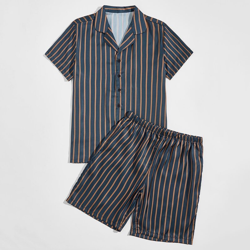 

Guys Lapel Neck Striped Shirt & Shorts PJ Set, Multicolor