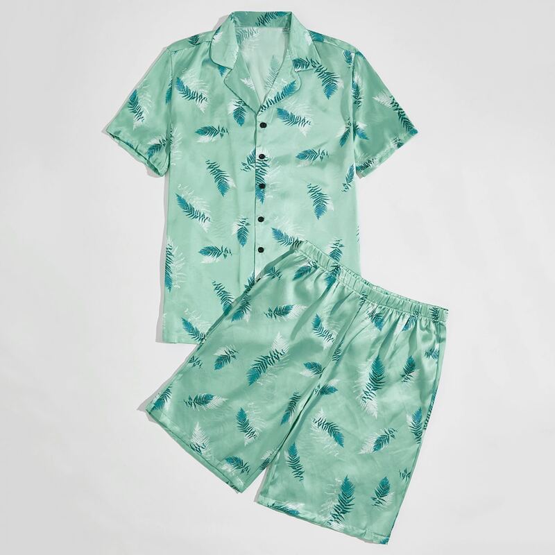 

Guys Plants Print Satin PJ Set, Green