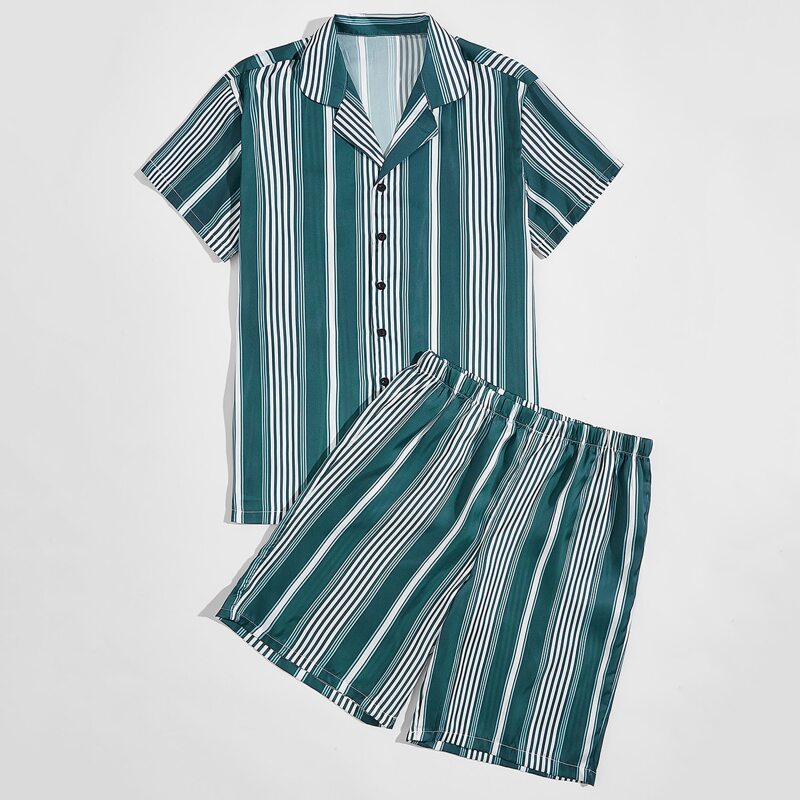 

Guys Striped Button Front PJ Set, Green