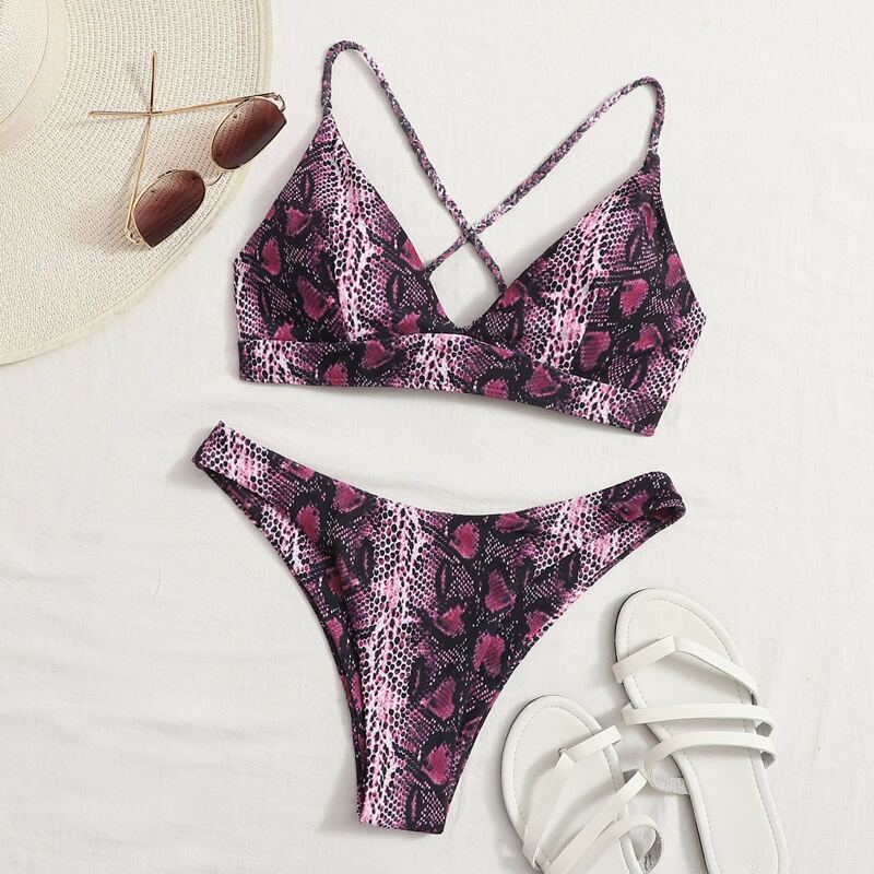 

Snakeskin Print Criss Cross Bikini Swimsuit, Multicolor