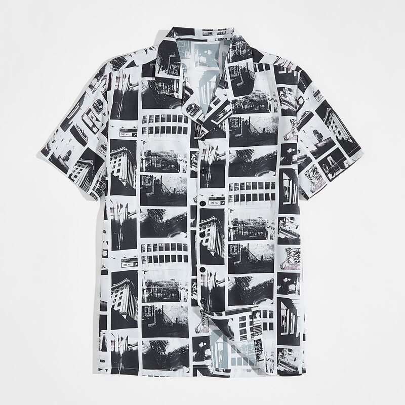 

Guys All Over Print Button Through Shirt, Black and white