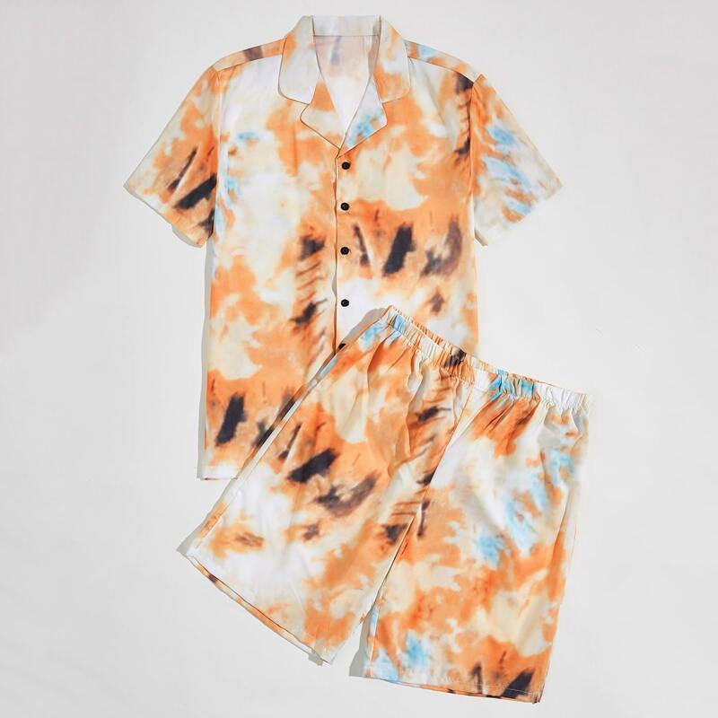 

Guys Lapel Tie Dye Button Up Shirt & Shorts, Orange