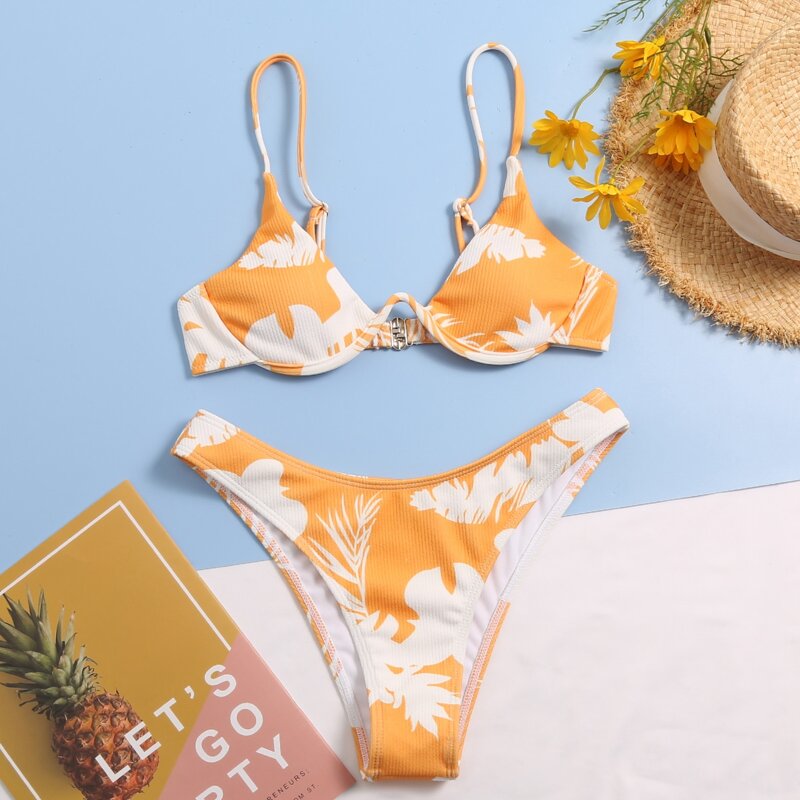 

Tropical Rib Underwire Bikini Swimsuit, Orange