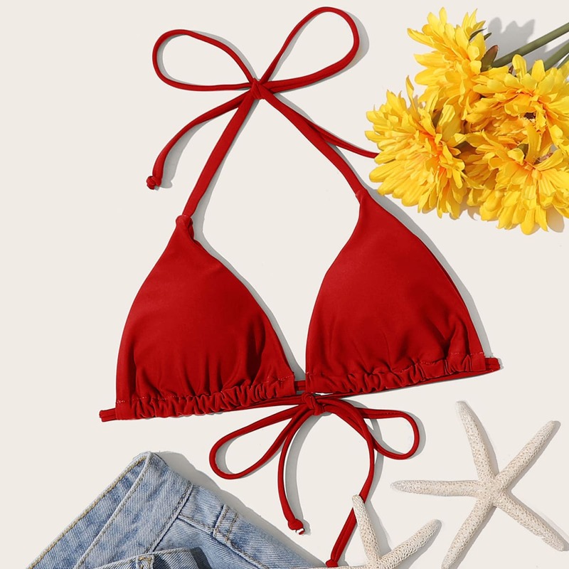 

Drawstring Halter Triangle Bikini Top, Red bright