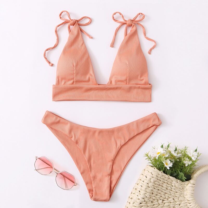 

Rib Tie Shoulder Bikini Swimsuit, Pastel coral orange