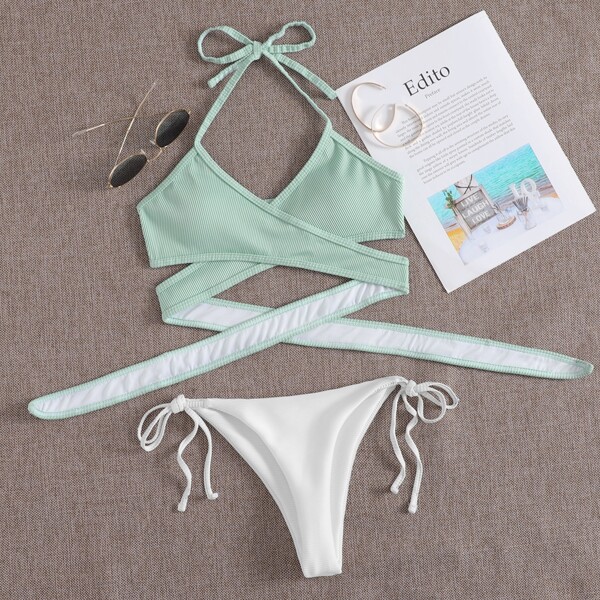 

Rib Wrap Tie Side Bikini Swimsuit, Multicolor