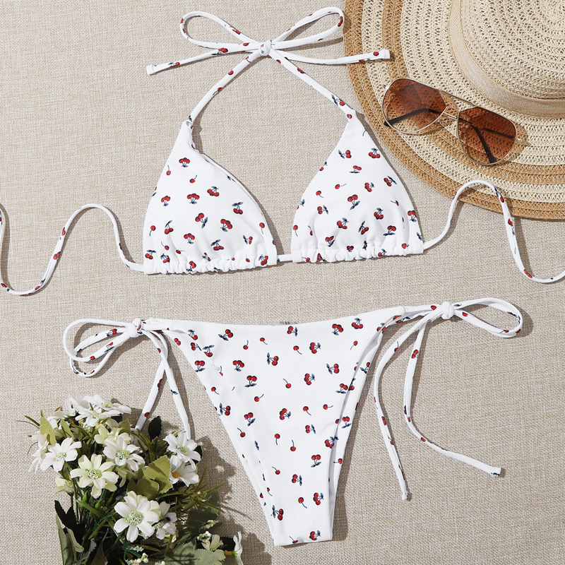 

Cherry Print Triangle Tie Side Bikini Swimsuit, White