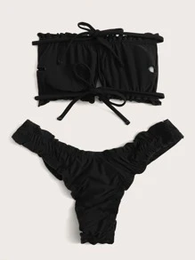 SHEIN X Sofía Suescun Summer Beach Ruched Lettuce Trim Bandeau Bikini Set