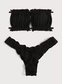SHEIN X Sofía Suescun Summer Beach Ruched Lettuce Trim Bandeau Bikini Set