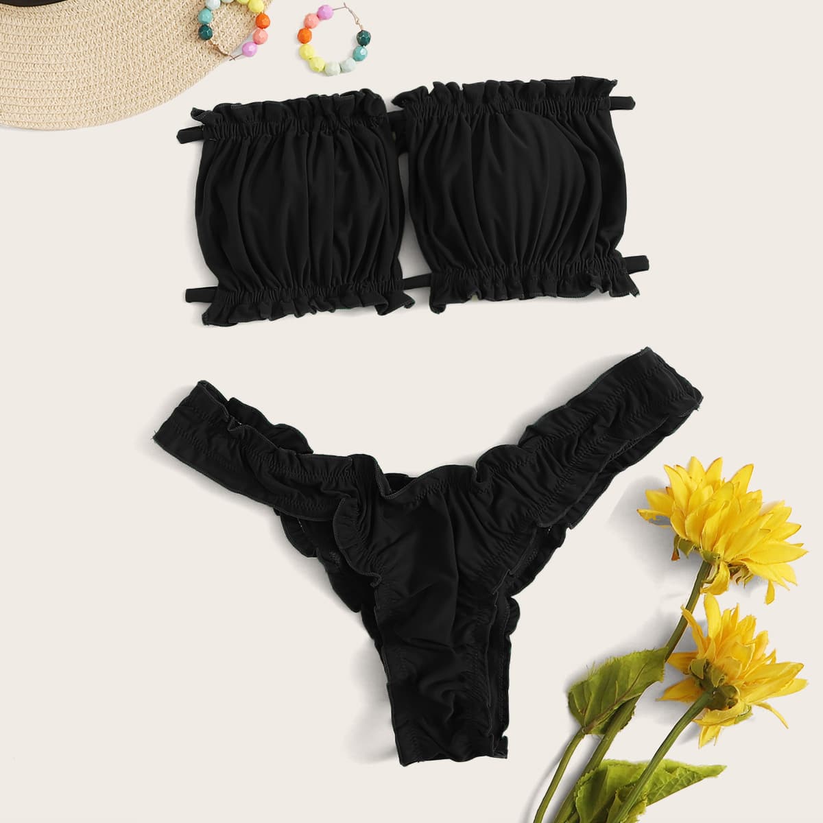 

Ruched Lettuce Trim Bandeau Bikini Swimsuit, Black