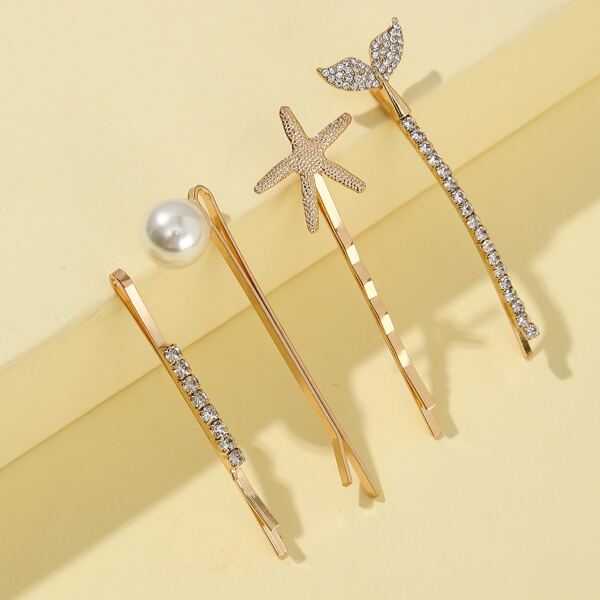 

4pcs Rhinestone Decor Bobby Pin, Gold