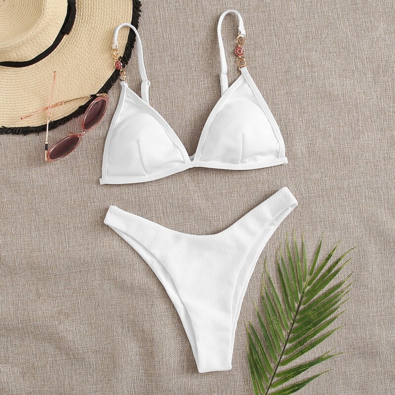 

Rib Triangle High Cut Bikini Swimsuit, White