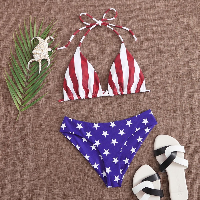 

American Flag Print Halter Bikini Swimsuit, Multicolor