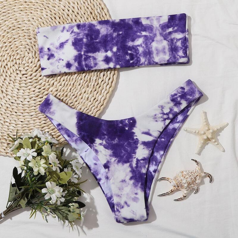 

Tie Dye Rib Bandeau High Cut Bikini Swimsuit, Violet purple