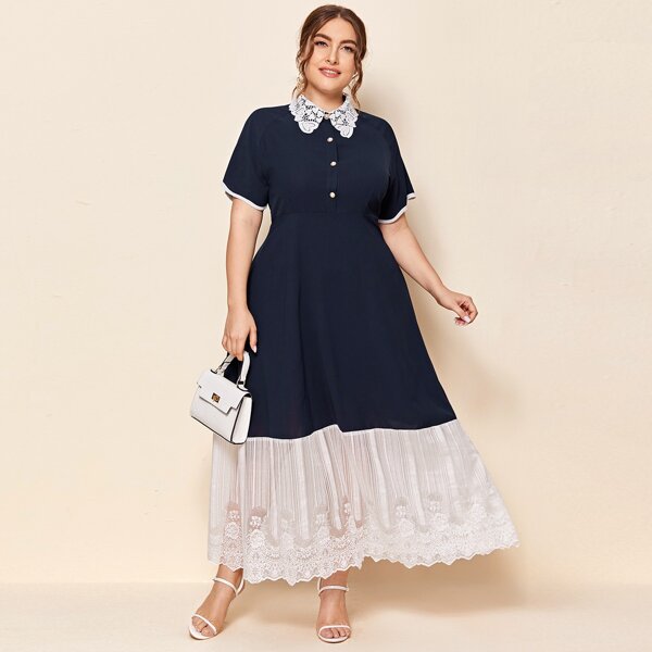 

Plus Scalloped Lace Buttoned Maxi Dress, Navy blue
