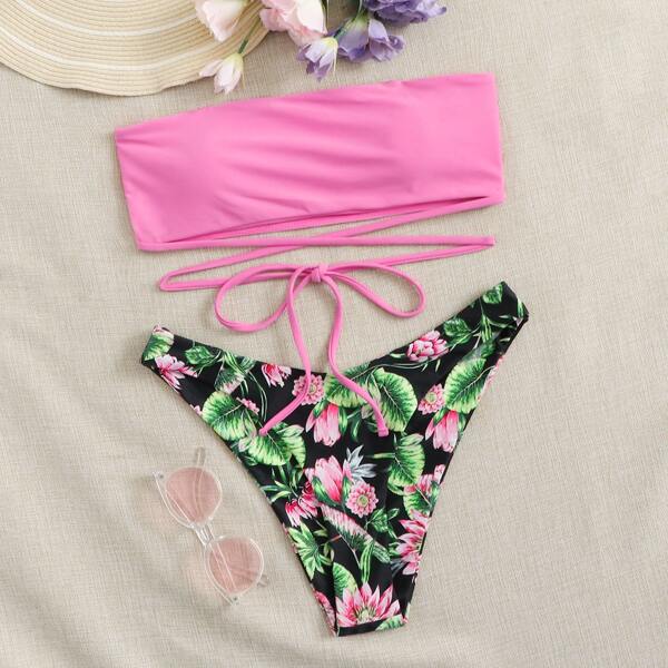 

Floral & Tropical Bandeau High Cut Bikini Swimsuit, Multicolor