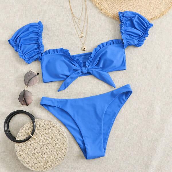 

Frill Trim Knot Front Bikini Swimsuit, Blue bright