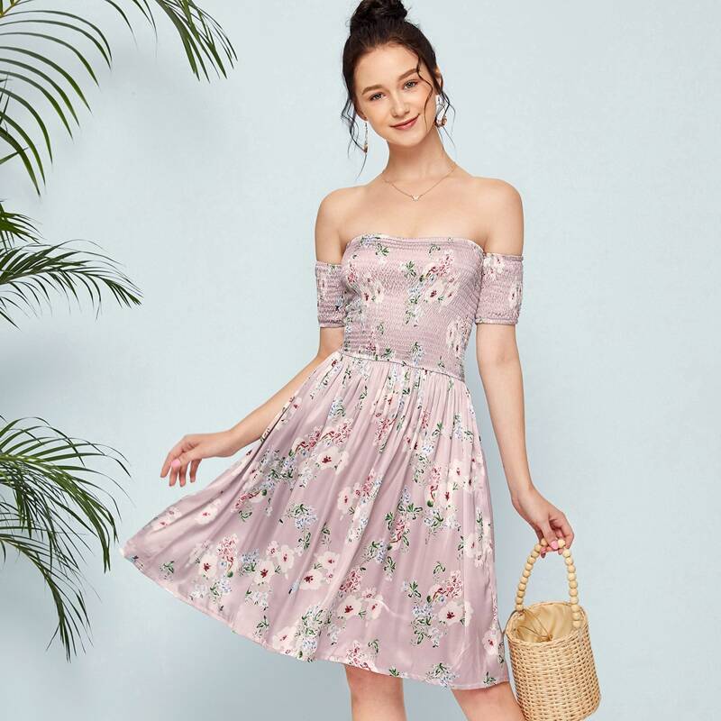 

Off Shoulder Floral Shirred Dress, Baby pink