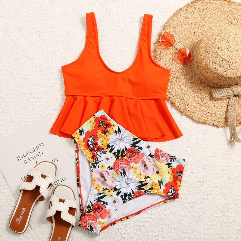 

Floral Ruffle High Waisted Bikini Swimsuit, Multicolor