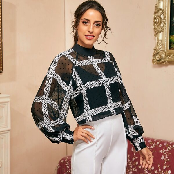 

Mock Neck Crochet Detail Swiss Dot Top Without Cami, Black