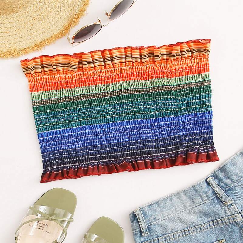 

Ruffle Trim Shirred Tube Top, Multicolor