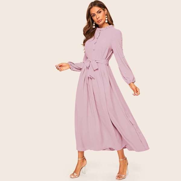 

Pearls Beaded Belted Frill Neck Dress, Pastel baby pink