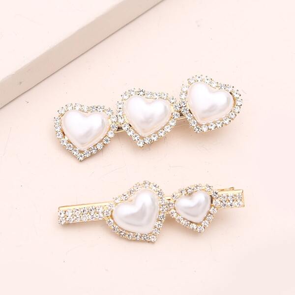 

2pcs Rhinestone Decor Heart Decor Hair Clip, White